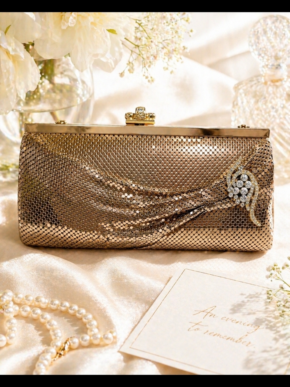 Vintage Kate Landry Gold Mesh Clutch Rhinestone Evening Bag Crossbody Wedding